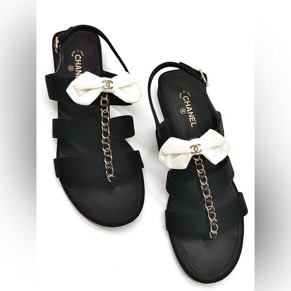Chanel Interlocking CC Logo Grosgrain Chain Bow Black Sandals EU 37.5 US 6.5-7 - Picture 12 of 13
